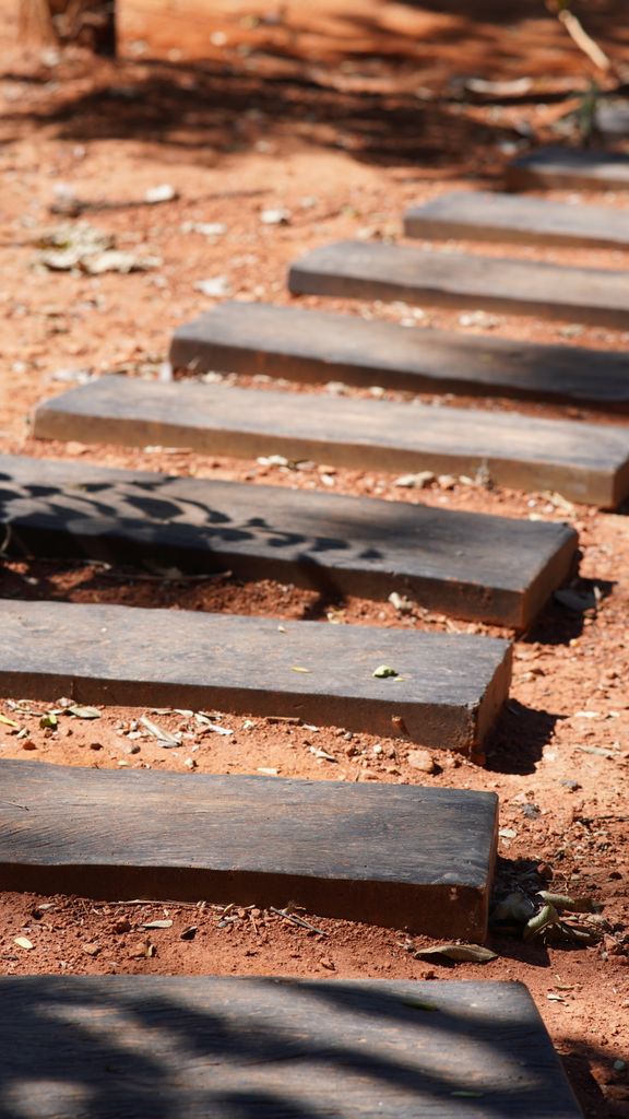 Photograph of rustic wooden steps on a red earth pathway in a sunny outdoor setting.